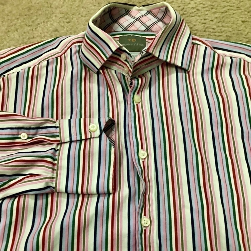 Thomas Dean Men’s Large Multi ColorStriped Flip Cuff Long Sleeve Button Up Shirt